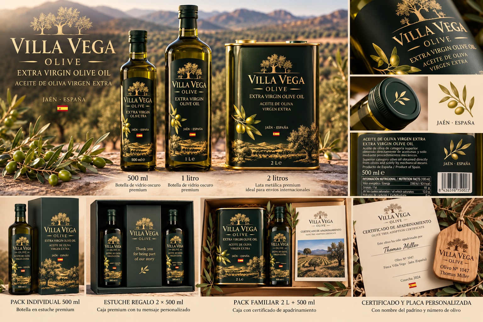Botellas, lata y estuches de Villa Vega Olive con diseño verde y dorado