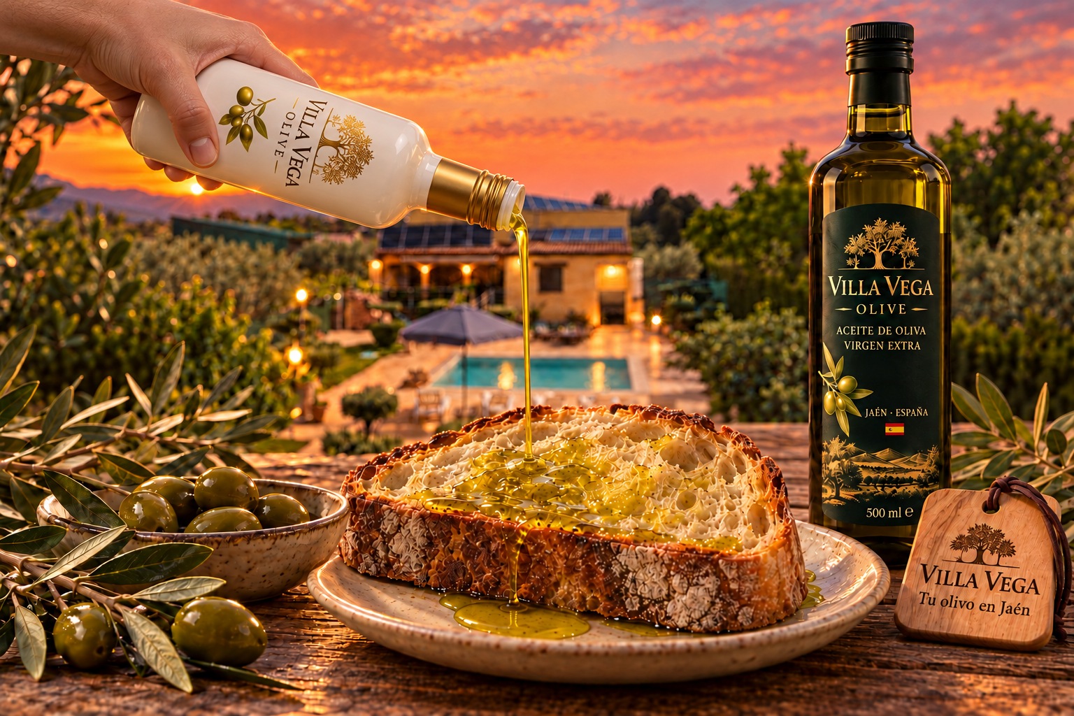 Aceite de oliva Villa Vega servido sobre pan de pueblo con la villa al fondo
